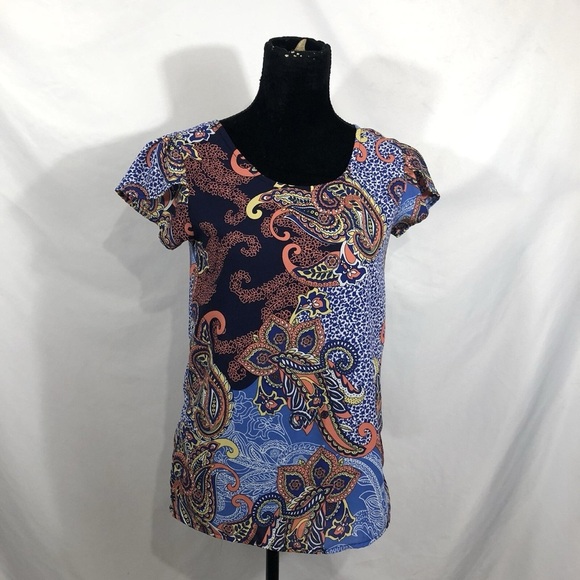JAPNA | Zipper Back Whimsical Short Sleeve Paisley Blouse Top - Picture 1 of 10